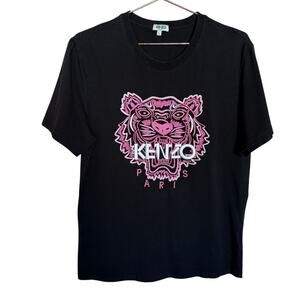 Kenzo Embroidered Black T-Shirt with Pink Tiger Design Size Large